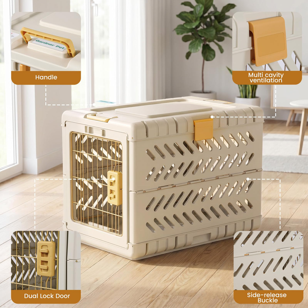 Collapsible Dog Crate for Small/Medium Dogs - 28" L Foldable Dog Cage No-Tool Assembly, Travel Dog Crate with 2 Wheels - Easy to Carry, Space-Saving, Indoor Outdoor Use, Cream, 28”L*18.3”W*20.9”H