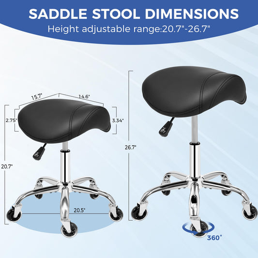 ANWBROAD Saddle Stool with Wheels, Thick Wide Saddle Seat Padding, Black Ergonomic Swivel Adjustable Rolling Stool with PU Leather Comfortable Rolling Saddle Chair for Salon Massage Clinic UWSS001B