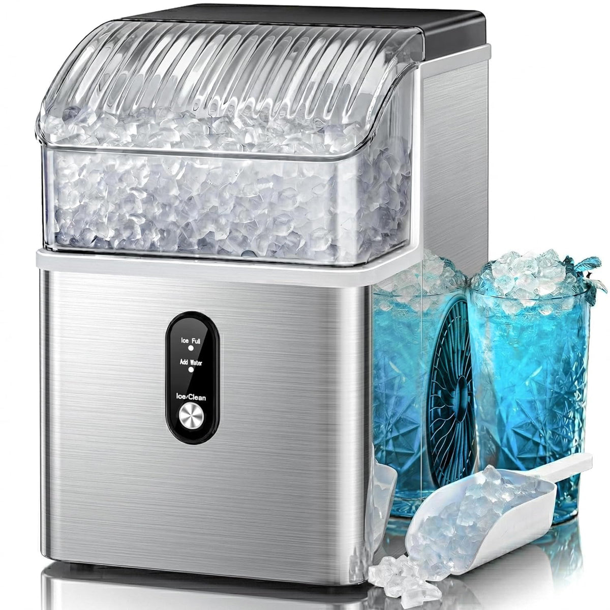 Kismile Nugget Ice Maker Countertop, 35 lbs/Day, Stainless Steel Portable Sonic Ice Maker & Pebble Ice Machine, First Ice in 7 Mins, 43 dB Quiet, One-Touch Self-Cleaning for Home & Office