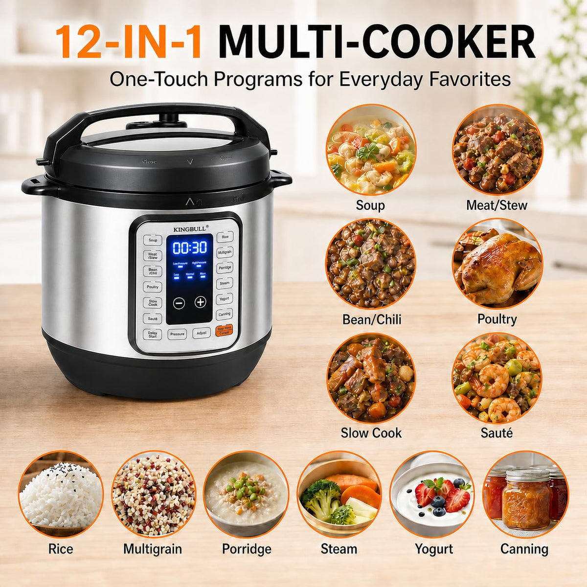 KINGBULL 8QT Electric Pressure Cooker, 12-in-1 Stainless Steel Multi Cooker with Nonstick Inner Pot, Slow Cooker, Rice Cooker, Steamer, Sauté, Yogurt Maker, Warmer, Delay Start