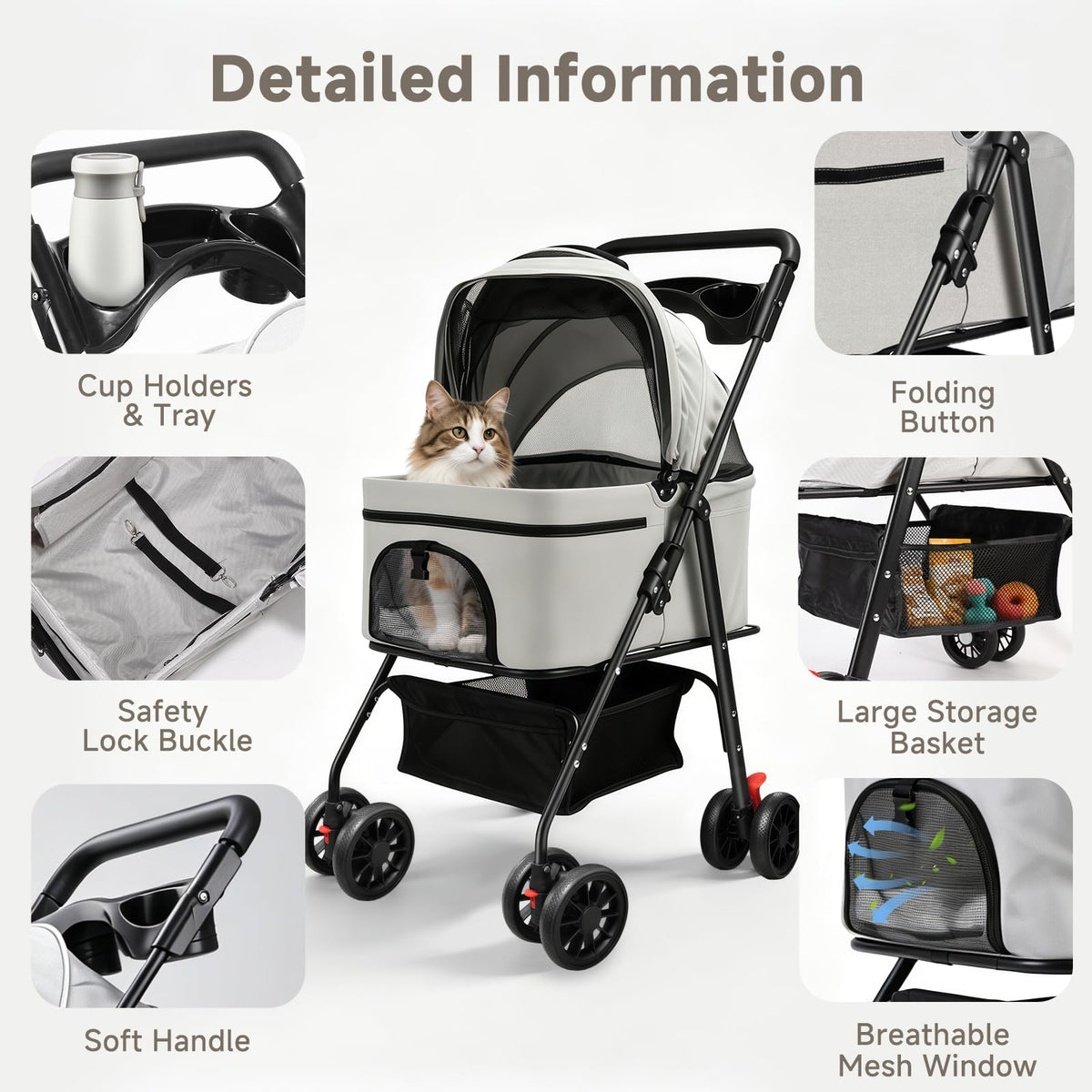 Pet Stroller for Small Dogs and Cats with 4 Wheels, 3 in 1 Foldable Dog Stroller with Detachable Carrier, Breathable Mesh, Storage Basket & Cup Holder, Up to 33 lbs