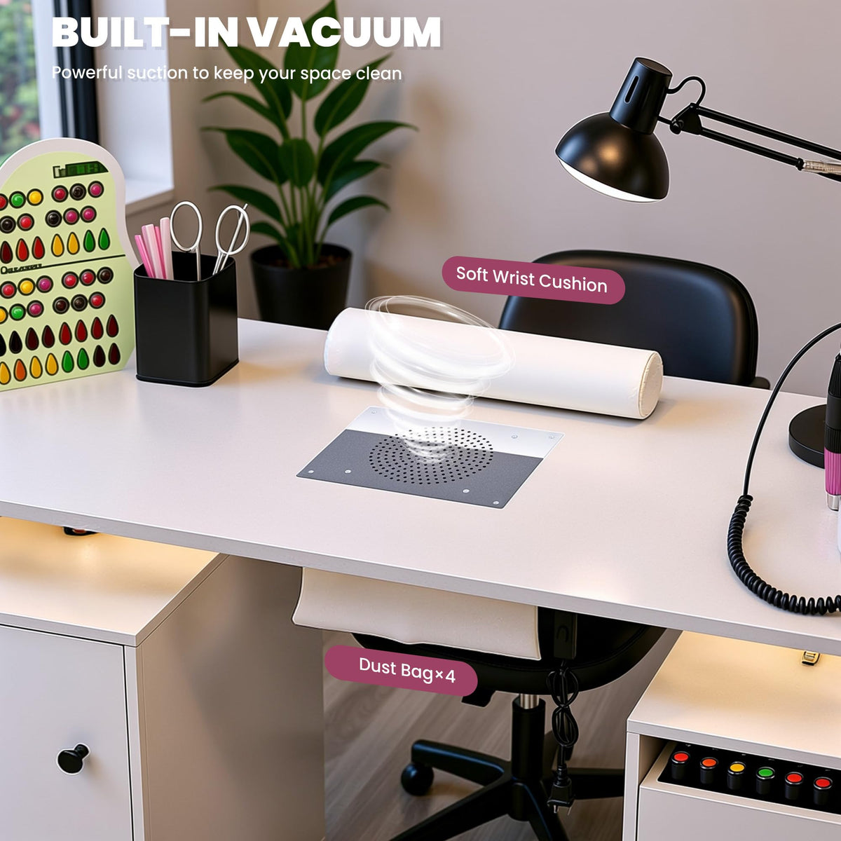 Nail Desk for Nail Tech w/Electric Dust Collector, Rolling Manicure Table w/Lockable Wheels, Storage Drawers, Wrist Cushion, Acetone Resistant, for Nail Beauty Salon Workstation (White)