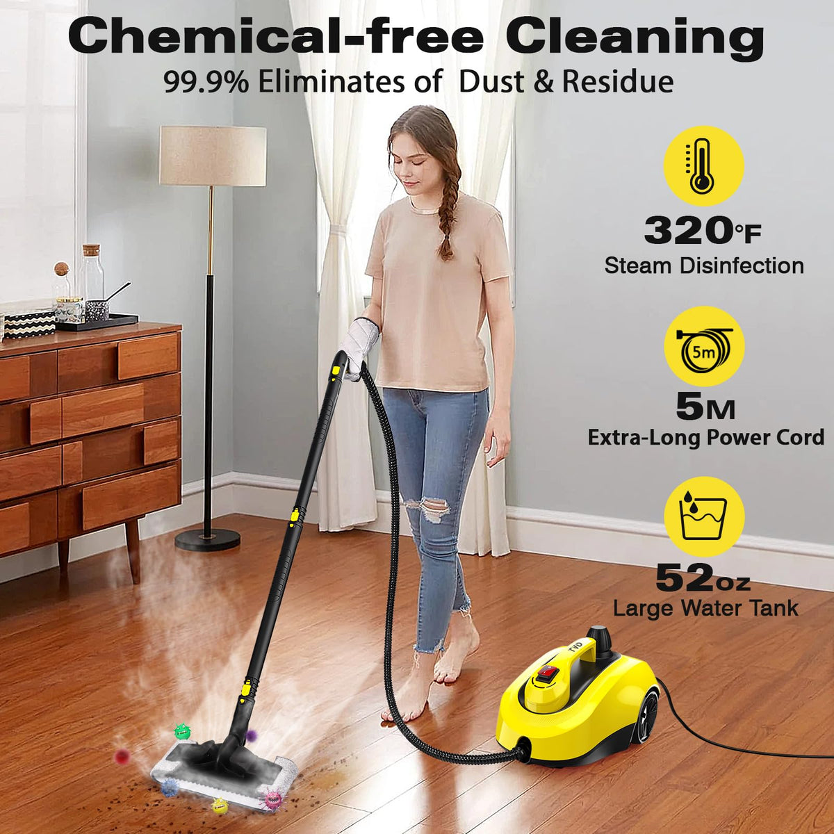 TVD 5 Bar 320°F Steam Cleaner for Home, Bathroom, Kitchen, Floor & Grout 26 Accessories | Easy of Use | 5M Power Cord | Large Tank | Chemical-Free | Safety Lock | for Tile, Wall, Toilets & Stovetop