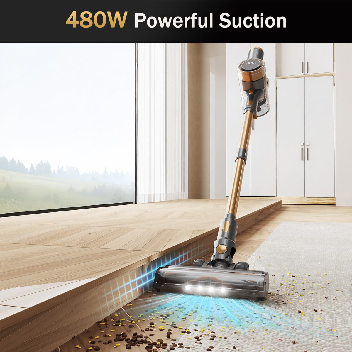 Cordless Vacuum Cleaner, 10-in-1 Lightweight Stick Vacuum with 45mins Runtime, Powerful Suction, LED Touch Screen, Rechargeable Vacuum Cleaners for Home Hardwood Floor Carpet Pet Hair (Gold)