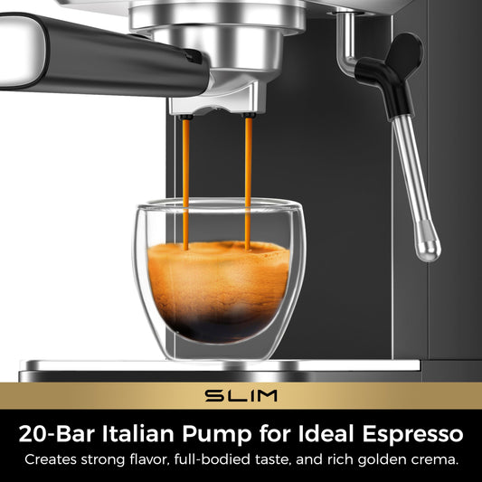 CHULUX Slim Espresso Machine with Milk Frother for Home Cappuccino, Black Precise Pressure Gauge, Food-Grade Materials, 20 Bar Italian Pump, Professional Temperature Control System, Stainless Steel