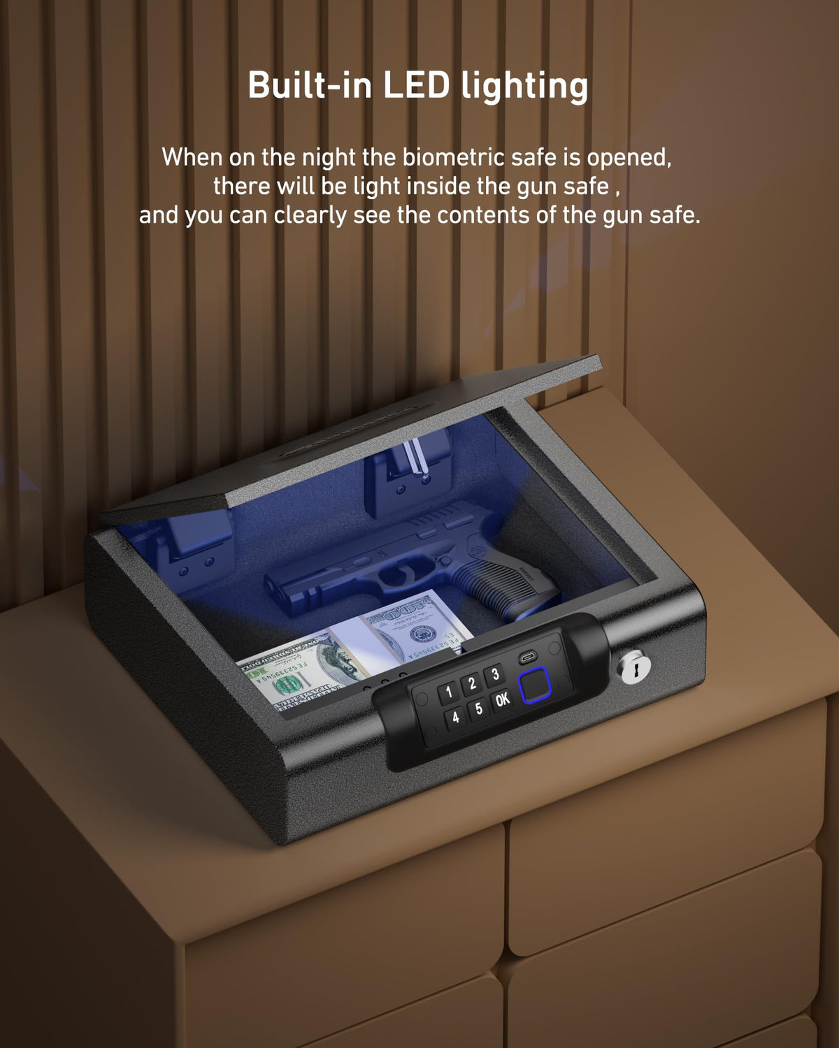BILLCONCH Gun Safe,Biometric Fingerprint Gun Safe for Handgun Pistol Safes Fingerprint PIN Key Unlock, Interior Light Lock box with Silent Mode for Bedroom Nightstand