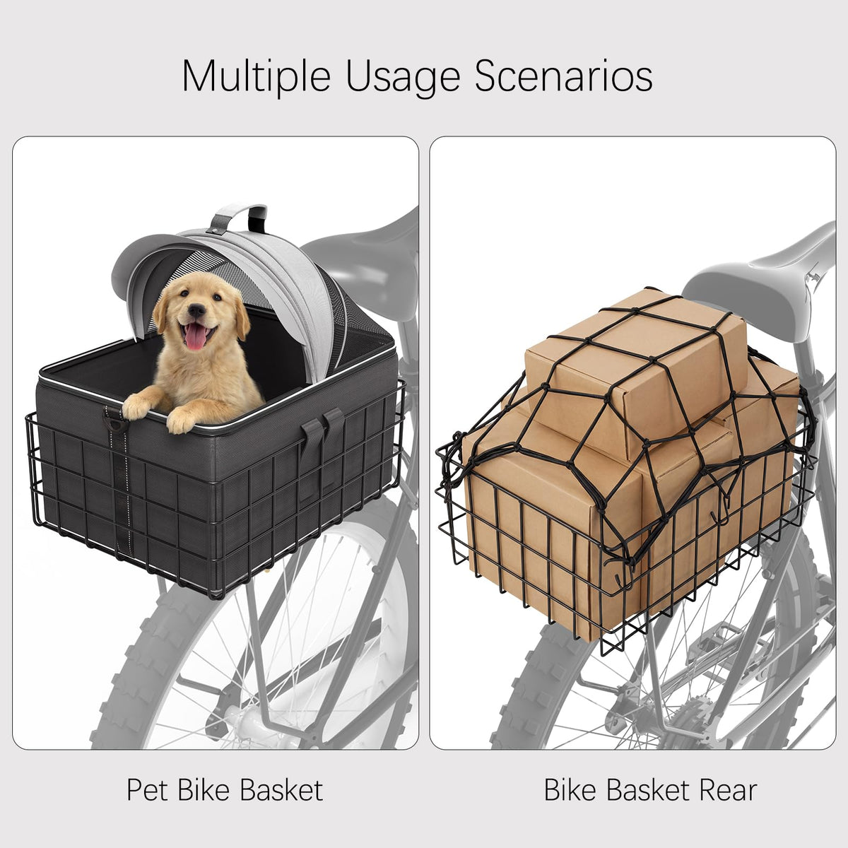 YEEGO DIRECT Dog Bike Basket for Rear Rack, 2-in-1 Pet Carrier & Cargo Basket, Detachable Dog Carrier for Bicycle with Safety Leash, Fits Small Medium Dogs Cats up to 20 LBS, Basket Patented Design
