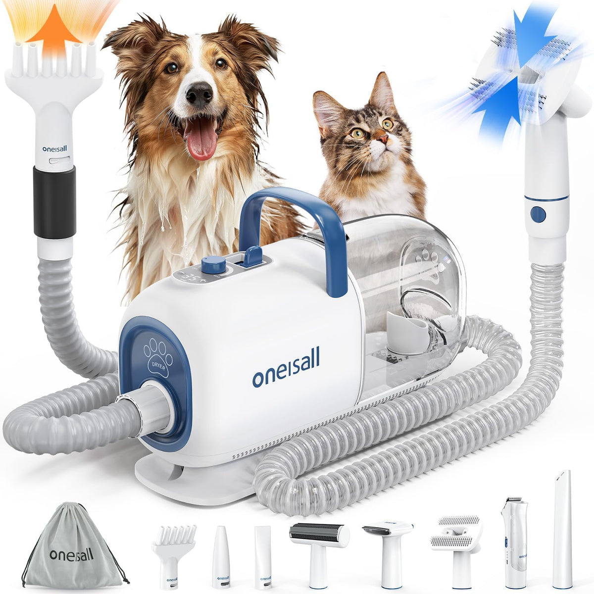 oneisall 8-in-1 Dog Grooming Vacuum & Dryer for Shedding/Drying/Trimming Vacuum & Blower & Metal Blade Pet Clippers, Adjustable 7-Temp & 3 Air Levels, All-in-One Dog Grooming Kit, Storage bag
