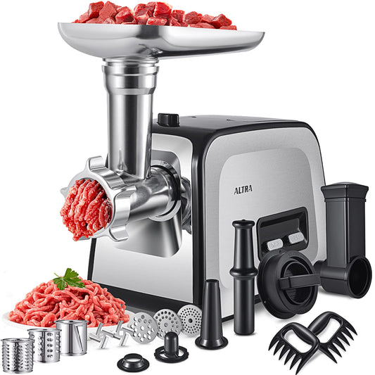 ALTRA LIFE Electric Meat Grinder, 2800W Max Heavy Duty Sausage Stuffer with Rotary Cheese Grater Set, 2 Blades, 3 Plates, Sausage Tube, Kibbe, Burger Press & Meat Claw for Home, Built-in Storage