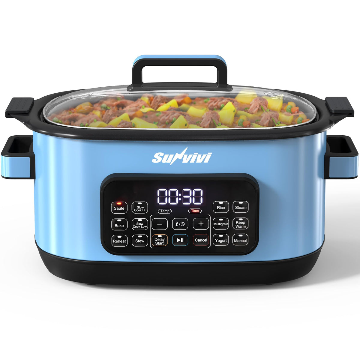 Sunvivi 12-in-1 Programmable Slow Cooker 6.5QT with Timer & Keep Warm Multicooker with Timer & Temp Control, Dishwasher Safe Lid & Removable Nonstick Crock, Stainless Steel Rack, Blue
