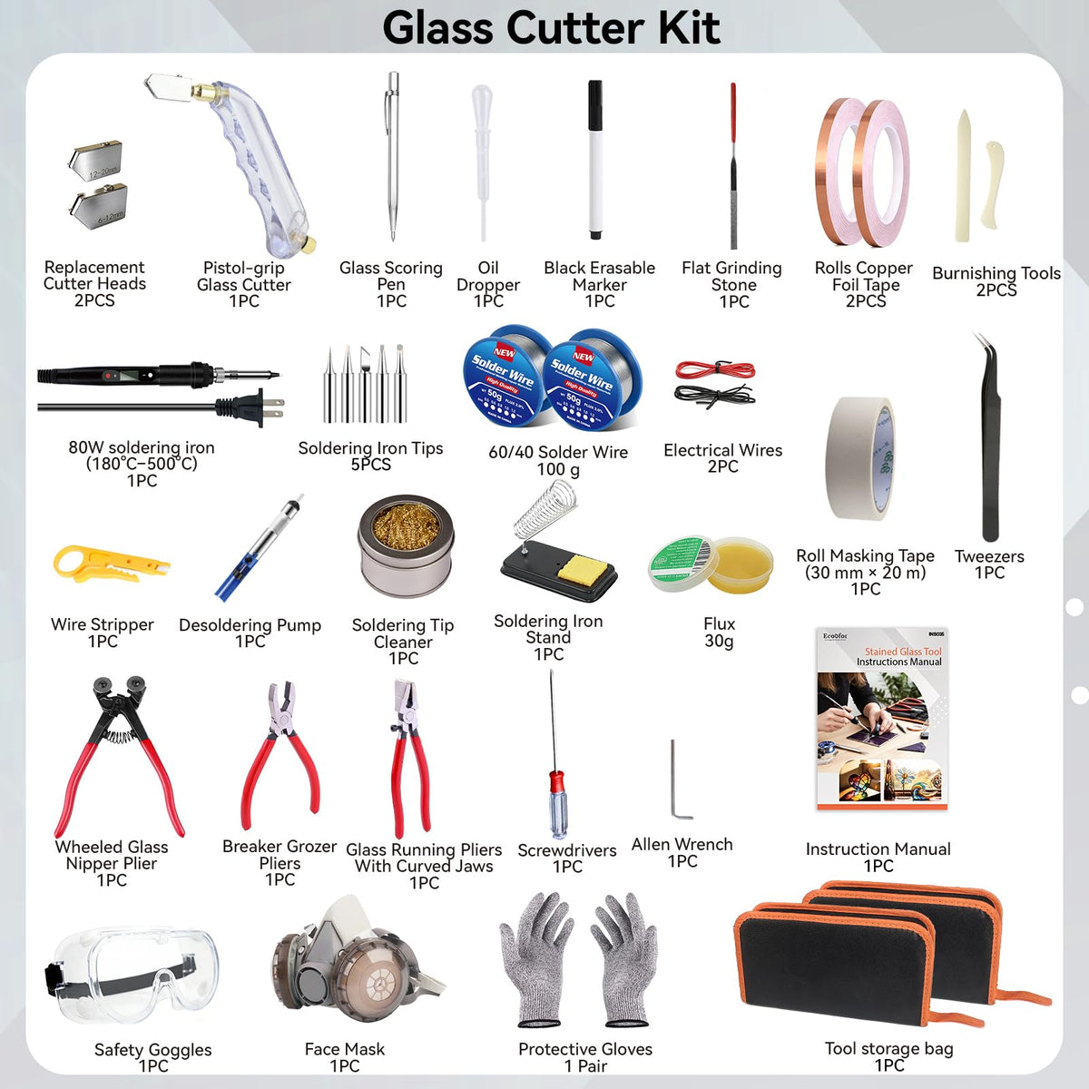 Ecoofor Stained Glass Starter Kit, Complete Stained Glass Making Kit with 100W Soldering Iron, Glass Cutter Tools, Diamond Cutter Set & Instructions for DIY Crafts, Stained Glass Kits for Adults