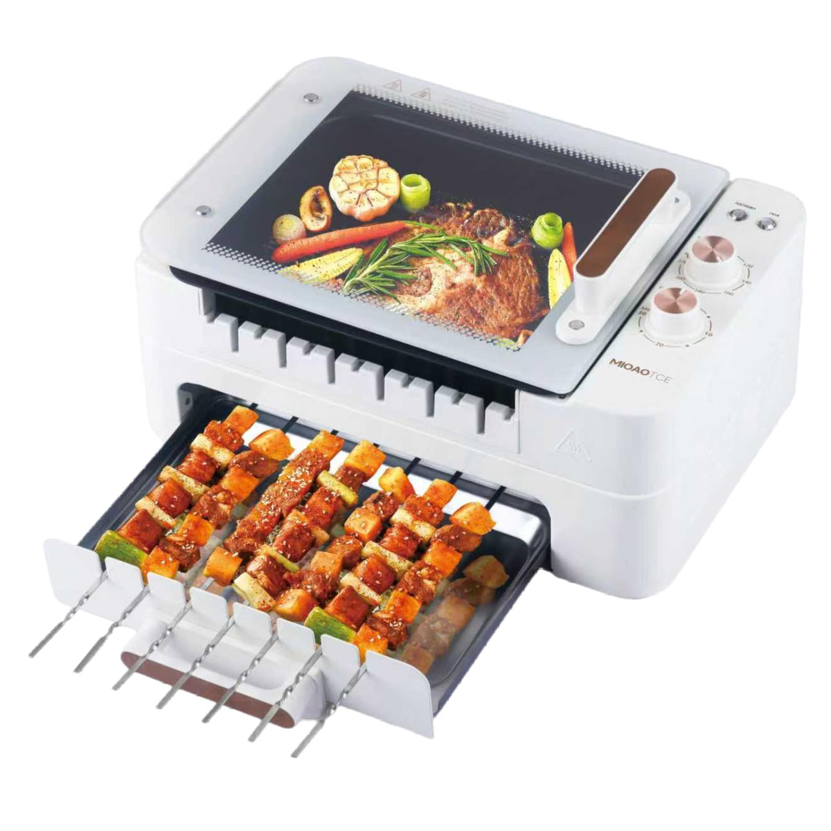 3-IN-1 Skewer Electric Indoor Grill - 1000W Electric Grill with 360° Auto-Rotating, Smokeless Indoor Grill with 3 Cooking Modes, Temperature Adjustable, Removable Tempered Glass Lid