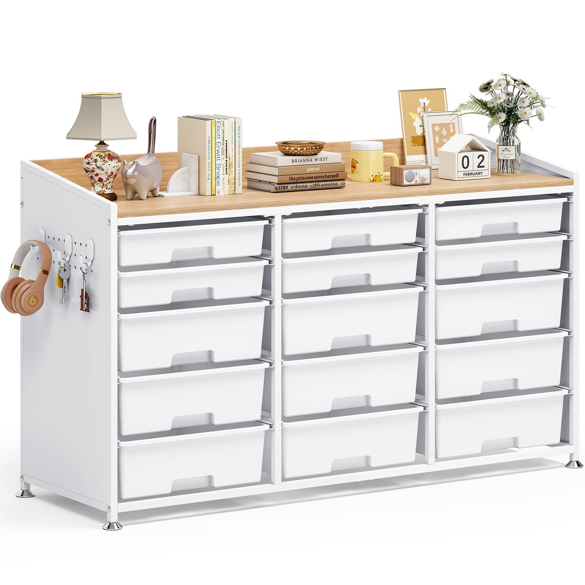 Wood Top Storage Cabinet with 15 Drawers, Pegboard & Adjustable Feet, White Classroom Storage with Ample Bins,Craft Organization,Stable Framework,Cubbies for Homeoffice&Toy Supply