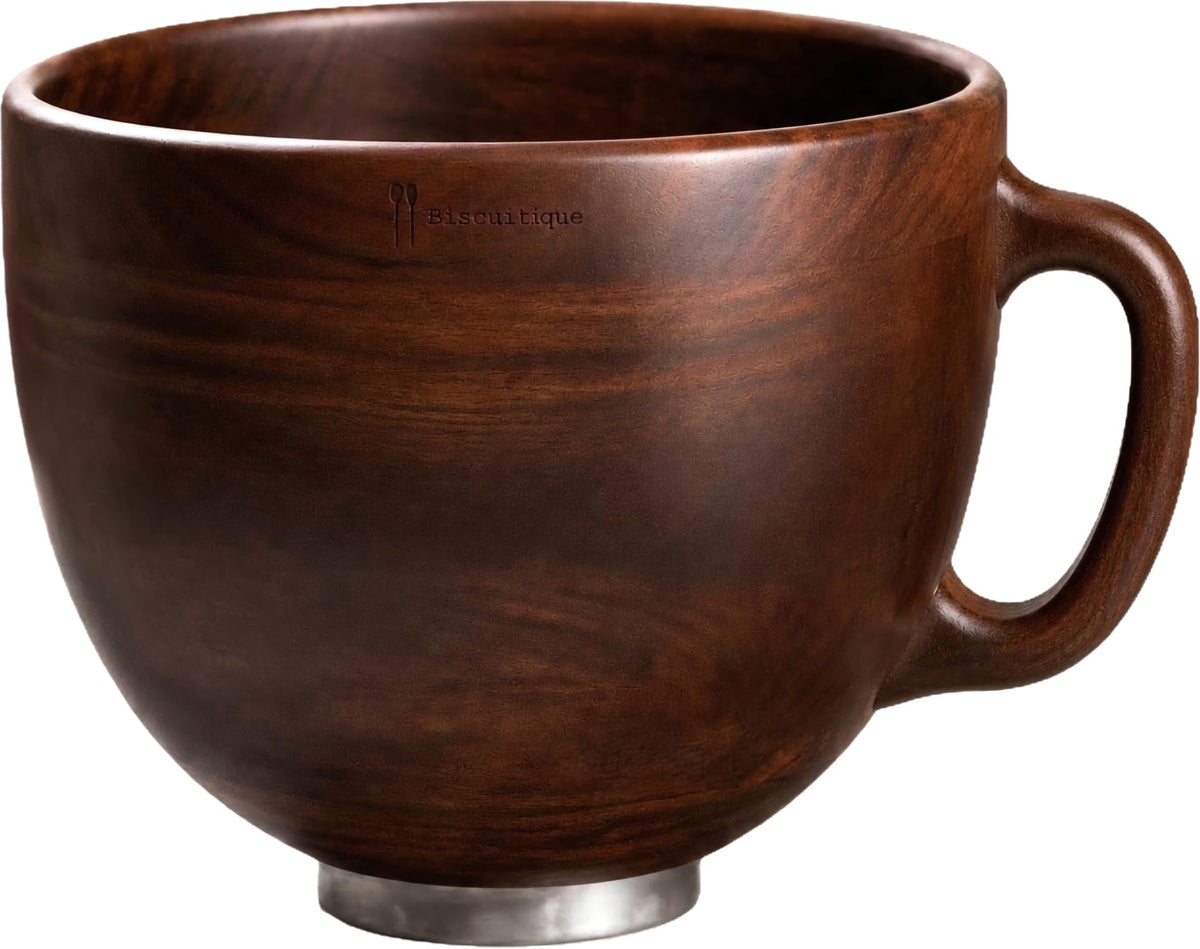 Biscuitique Solid Acacia Wood Mixer Bowl With Handle Kitchen Aid Compatible Mixing Bowl For Tilt-Head 4.5 Quart and 5QT Stand Mixers