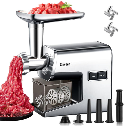 Sinyder Electric Meat Grinder 3000W Max Stainless Steel Mincer Pure Copper Motor, Metal Gears, Stainless Steel Body, 2 Blades & 3 Grinding Plates, Sausage Stuffer Tubes & Kubbe Kit