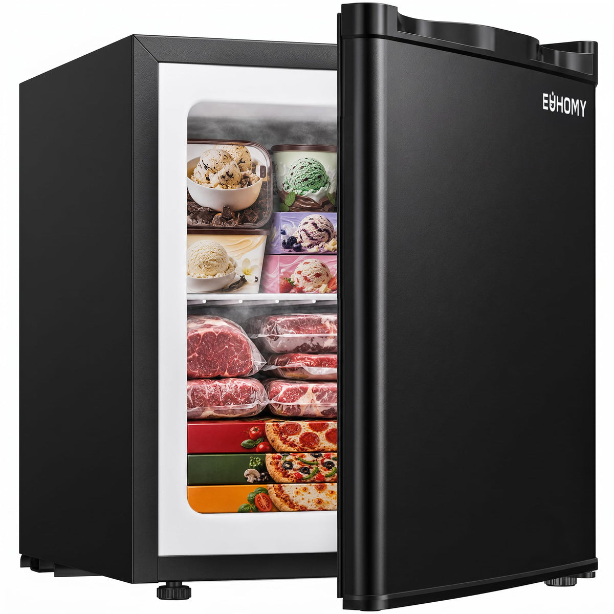 EUHOMY 1.1 Cu.ft Upright Freezer, Reversible Door Mini Freezer, Black Compressor Cooling, 7-Level Thermostat, -7.6°F to 6.8°F, Adjustable Shelves, Reversible Door, Low Noise, Dorm Use