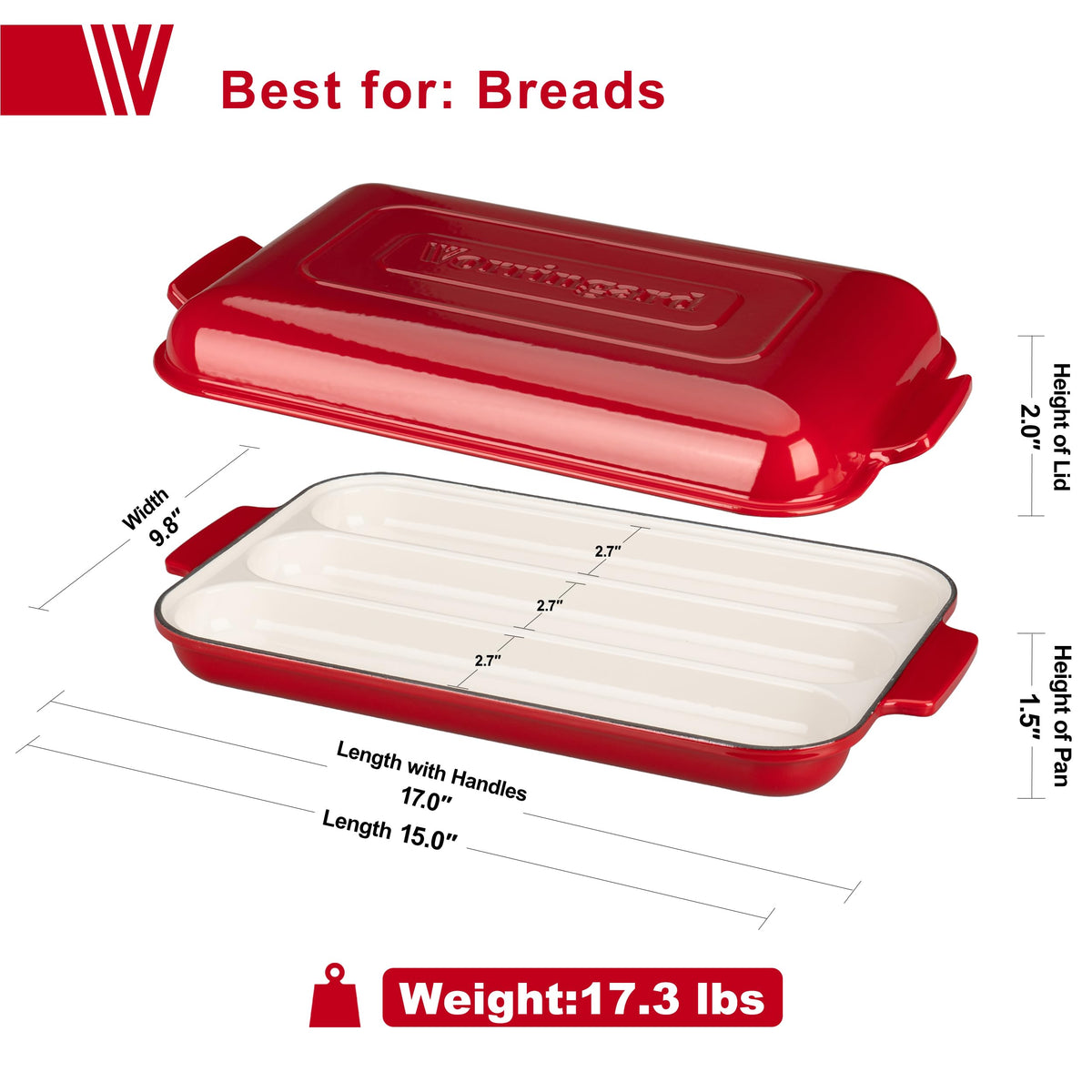 VORRINGARD Enameled Cast Iron Baguette Bread Baker with Lid, French Bread Baking Pan for Artisan Homemade Baguettes, Crispy Crust Bread Oven for Sourdough & Bakery Style Baking, 3-Slot, Red