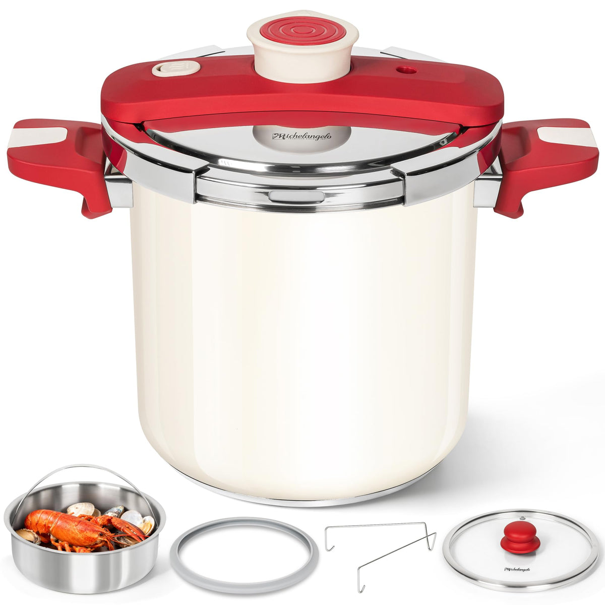 MICHELANGELO Stovetop Pressure Cooker Stainless Steel, 8.5 qt, 304 Stainless Steel, 6-Fold Safety System, One-Hand Easy-Open Lid, 2 Pressure Settings, Steamer Basket & Glass Lid, Induction Compatible