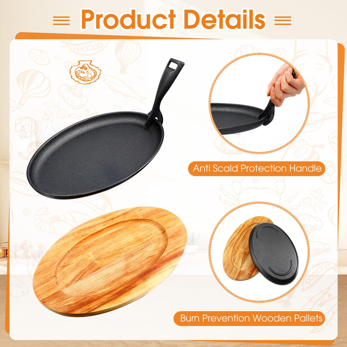 FoldTier 4 Sets Cast Iron Fajita Skillet 10.63"x6.89" with Wooden Base Sizzling Pan for Restaurant Kitchen BBQ Party, Removable Handle, Anti Scald Wooden Base, Skillets Trays Handles
