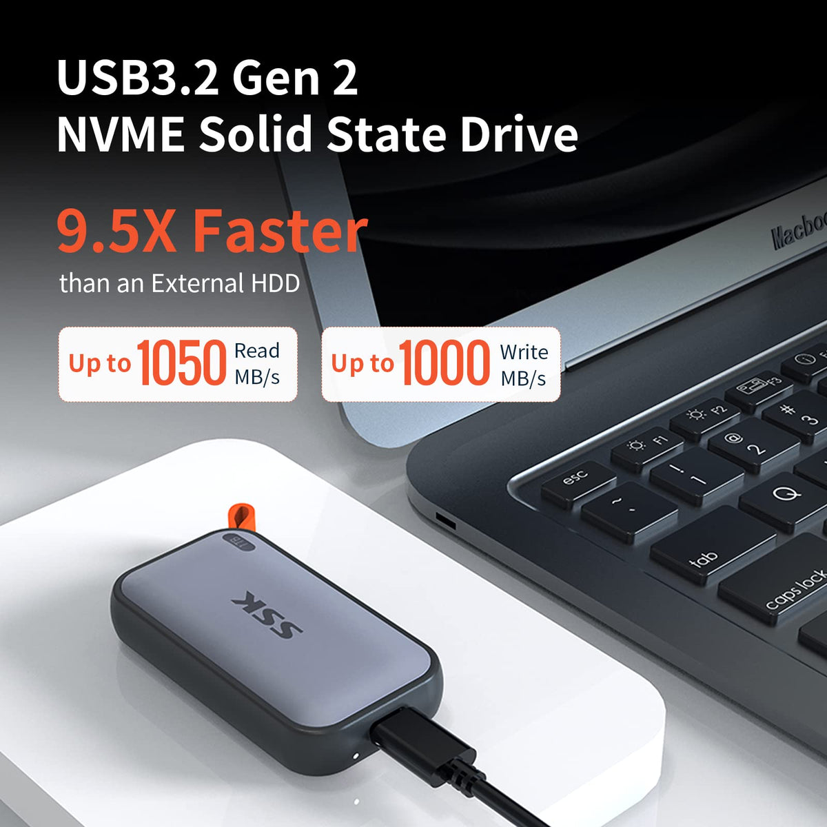 SSK Portable SSD 1TB External Solid State Hard Drive USB C Up to 1050MB/s USB3.2 Gen2 A&C Cable, SMART TRIM, LED Light, OTG, iPhone 18/17/16/15 Pro Compatible 4KHDR ProRes, Aluminum