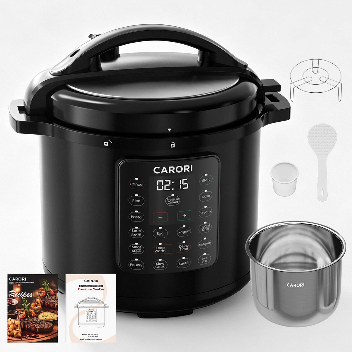 8Qt Electric Pressure Cooker 12-in-1, 1200W Stainless Steel Multi-Cooker, Slow Cook, Rice Cook, Steamer, Sauté, Yogurt Maker, Warmer & Sterilizer, Safer Venting Design with Recipe Book, Black
