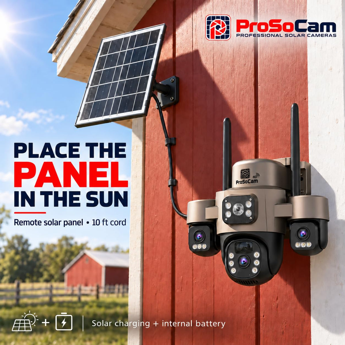 6MP HD 4G Cellular Solar Security Camera, Triple Lens, No Wi-Fi 6MP HD 4G cellular triple-lens solar camera for remote areas with no Wi-Fi; monthly data subscription required.