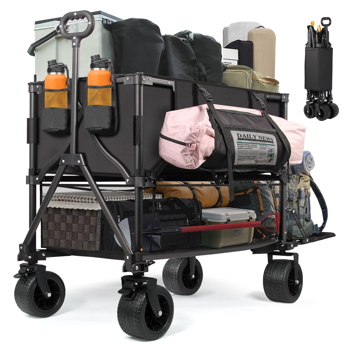 Double Decker Wagon Heavy Duty Collapsible, 600LBS 400L Capacity Foldable Utility Cart, Big Wheels for Beach, Outdoor, Camping & Gardening, Durable Steel Frame
