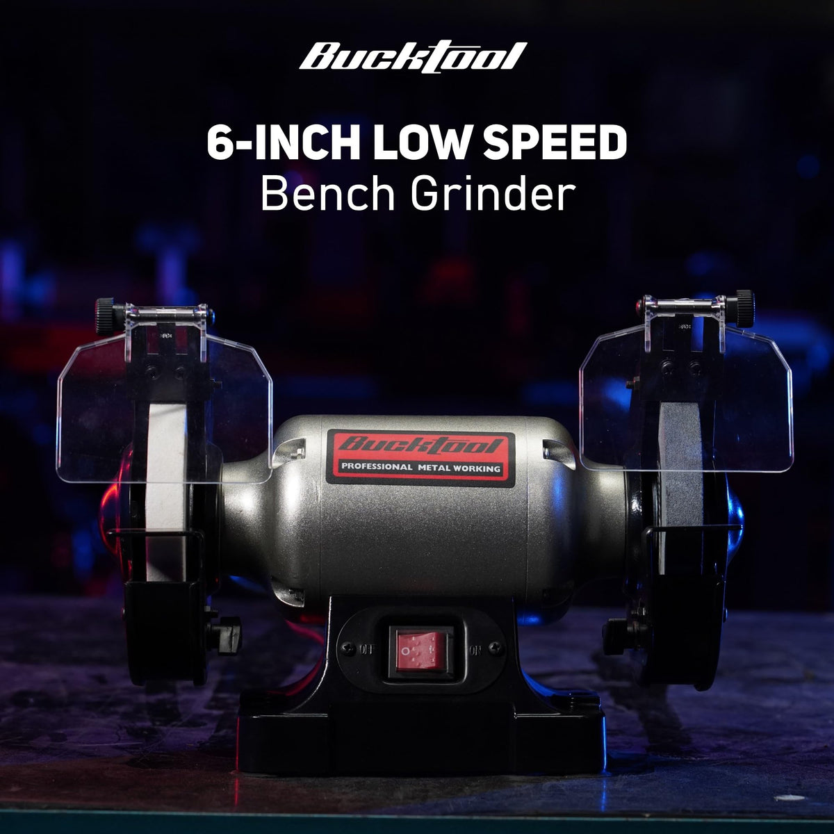 BUCKTOOL 6" 1/3HP Low Speed Bench Grinder,High Precision Wobble Free Wheels Table Grinder with 1750RPM,60&80 Grit AO Wheel,Eye Shield,Spark Arrestor for Chisels,Plane Irons,Axes,Knives