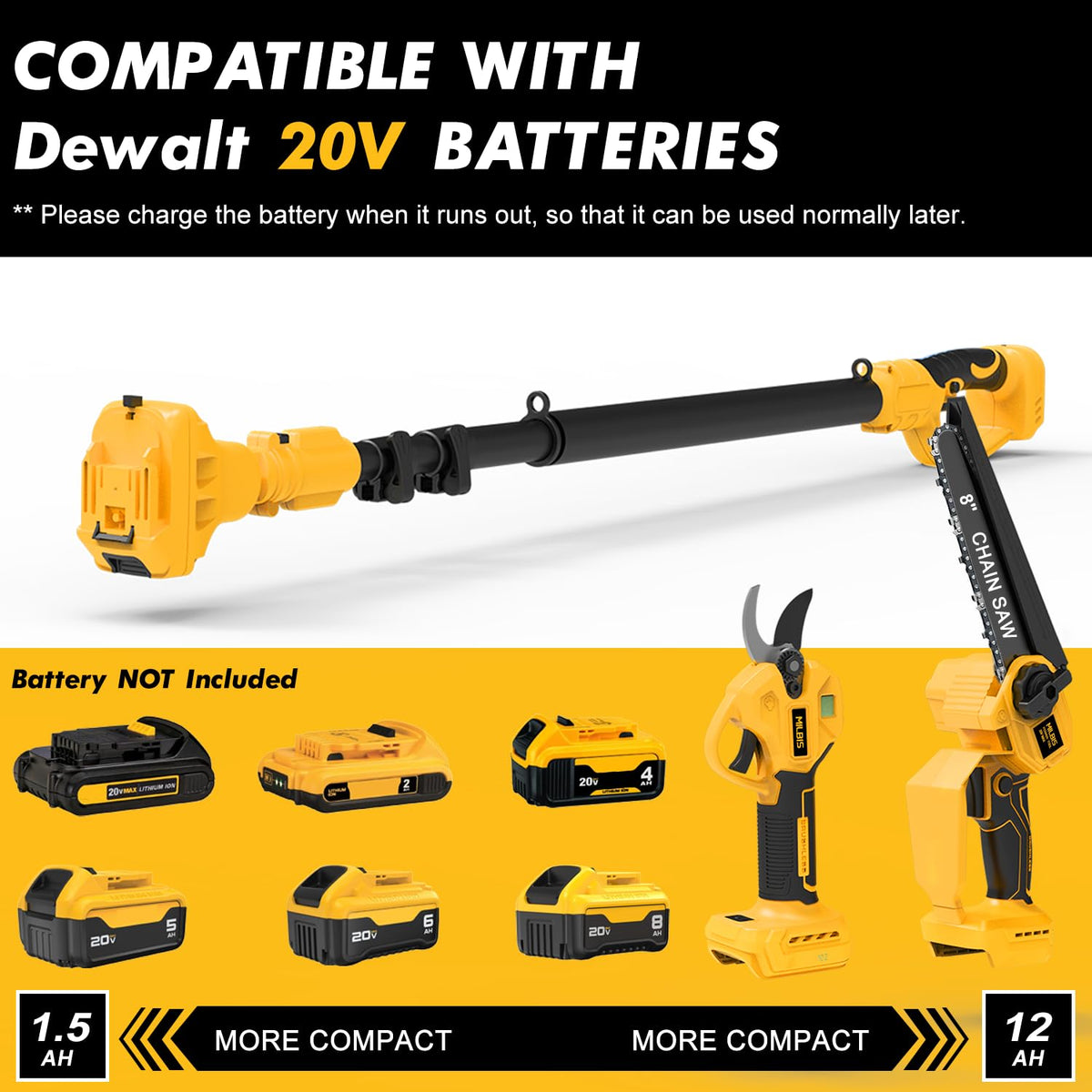 4-in-1 Cordless Pole Saw & Electric Pruning Shears for DeWalt 20V Battery 8 Inch Brushless Mini Chainsaw with Extension Pole, 15 Ft Reach, Auto Oiling, for Tree Trimmer Branch Cutter(NO Battery)
