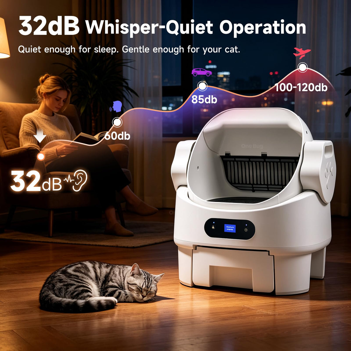 Self Cleaning Open Top Automatic Multiple Cat Litter Box, White Multi-Sensor Safety, Ultra-Quiet, Large Waste Bin, Easy Setup, Easy Clean, for Multi-Cat Homes