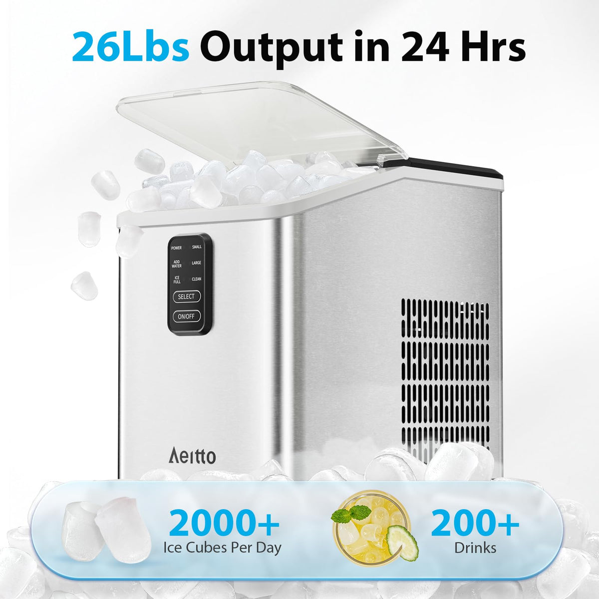 Aeitto Ice Maker Countertop 26lbs/24H Ice Makers Ready in 6-Min 8 Ice Cubes 2 Sizes of Bullet Ice Portable Ice Machine with Basket/Scoop, Auto-Cleaning Energy-Saving for Home/Kitchen/Office Stainless