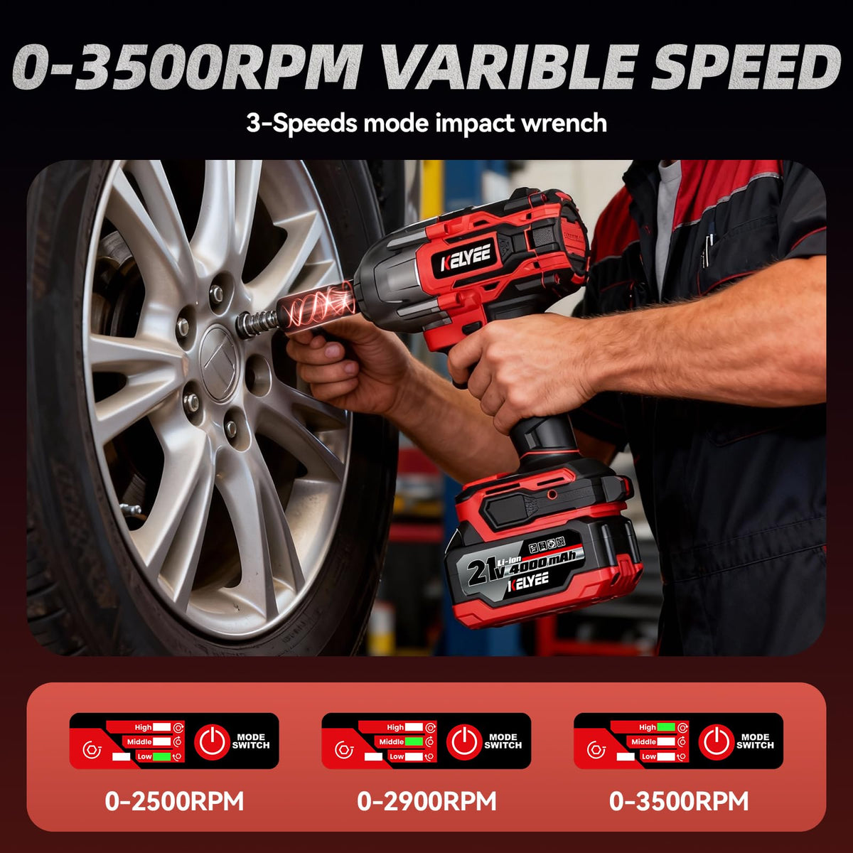 1/2" Cordless Impact Wrench 1107Ft-lbs(1500N.m) with 21V 2 Battery Brushless High Torque 1/2 Impact Gun , 3-Mode Speed, Electric Impact Driver with 4 Socket for Home Car Pickup Truck RV Mower