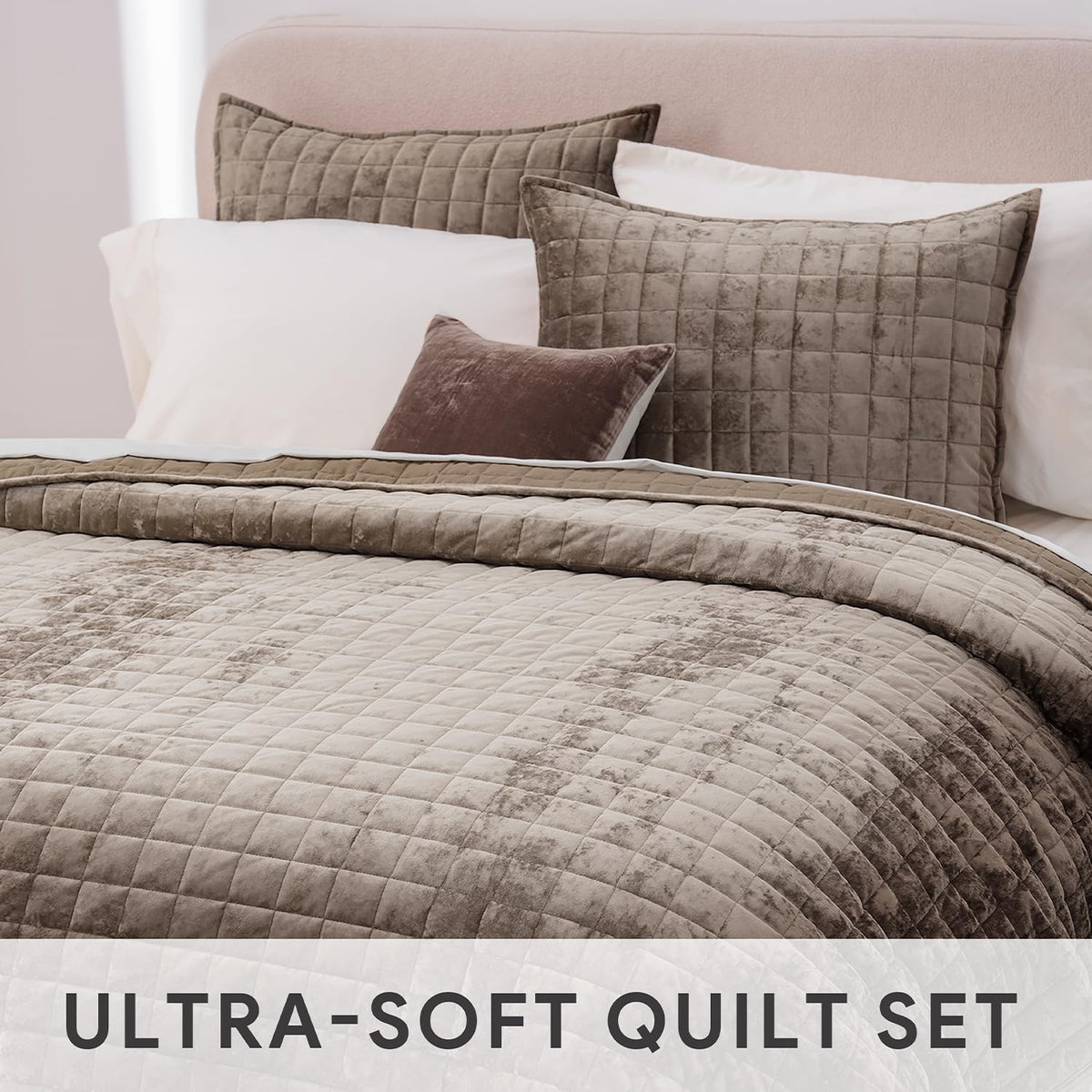 RECYCO Channel Box Stitch Velvet Quilt Set, King Size, Mocha Brown Ultra Soft Lightweight Velvet Comforter, Luxury Oversized Bedspread Coverlet, Quilted Bedding Set for All Season with 2 Shams