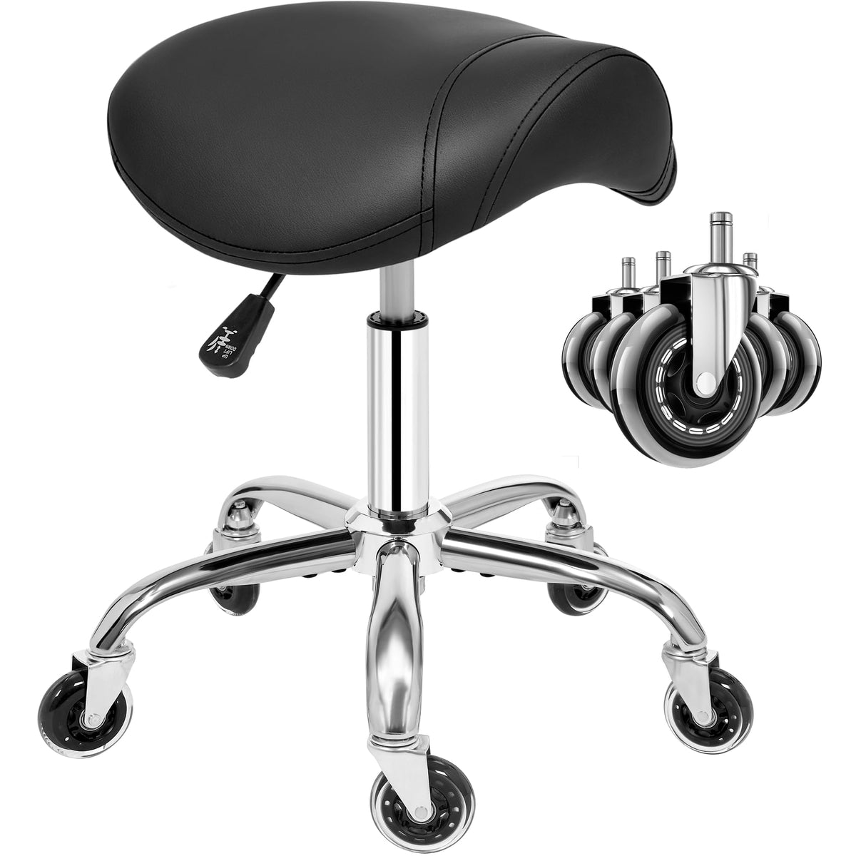 ANWBROAD Saddle Stool with Wheels, Thick Wide Saddle Seat Padding, Black Ergonomic Swivel Adjustable Rolling Stool with PU Leather Comfortable Rolling Saddle Chair for Salon Massage Clinic UWSS001B