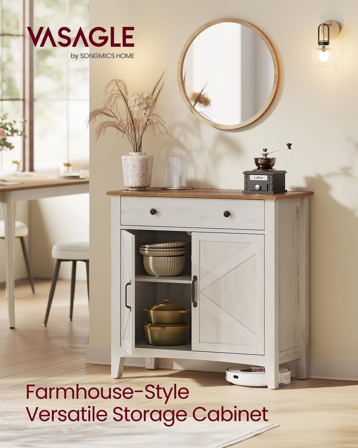 VASAGLE Buffet Cabinet, Coffee Bar with a Drawer, Adjustable Shelf Sideboard Storage with Cable Hole, Drawer Divider, Rustic White and Honey Brown, LIRY Collection UBBK341W01