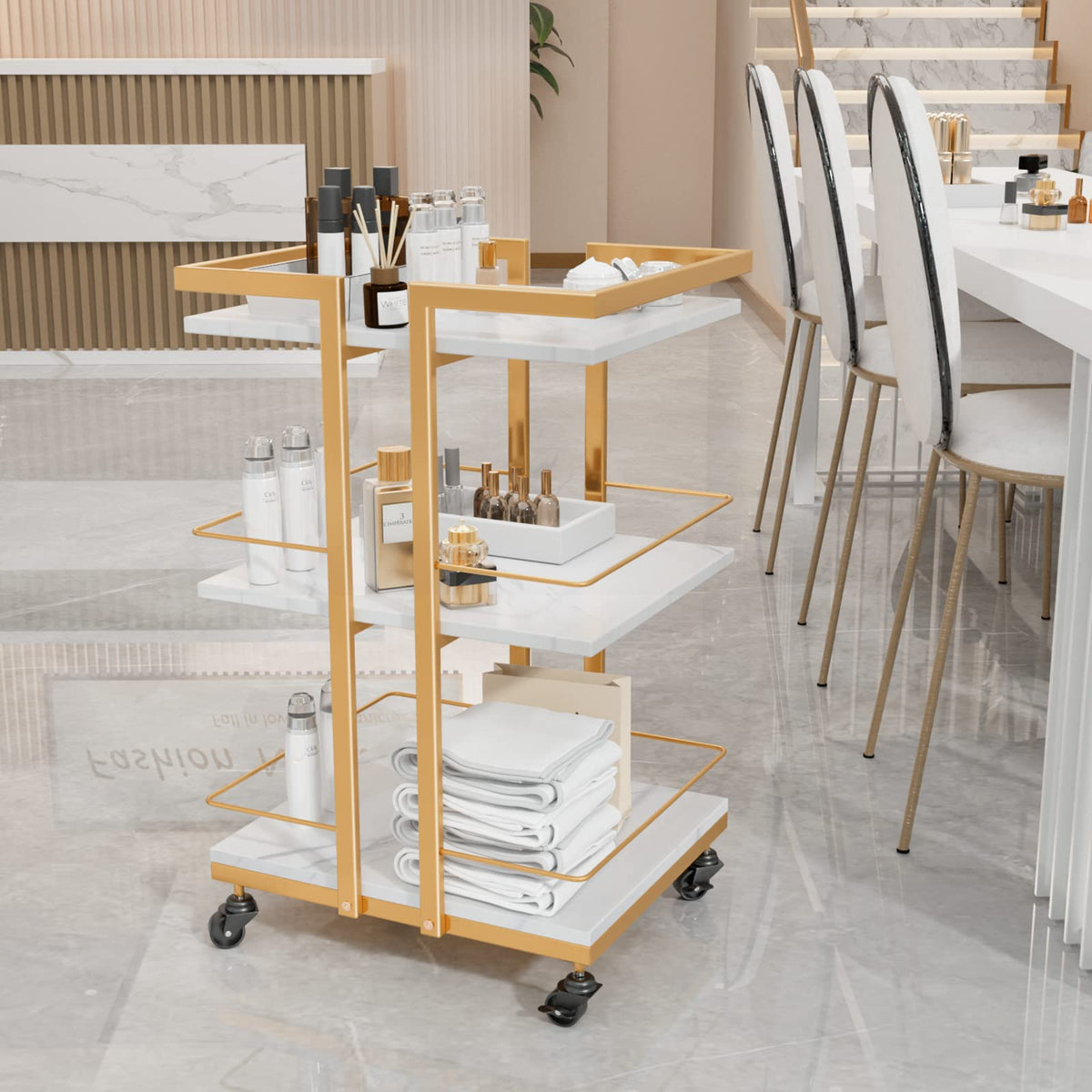 Esthetician Cart with Wheels Utility Salon Rolling Trolley, Gold Mobile Storage Organizer for Beauty Spa Cosmetology Massage, Tattoo Manicure Facial Tool Holder Station