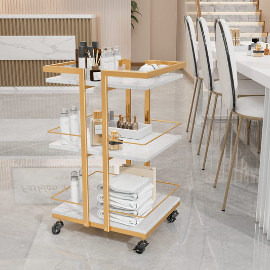 Esthetician Cart with Wheels Utility Salon Rolling Trolley, Gold Mobile Storage Organizer for Beauty Spa Cosmetology Massage, Tattoo Manicure Facial Tool Holder Station