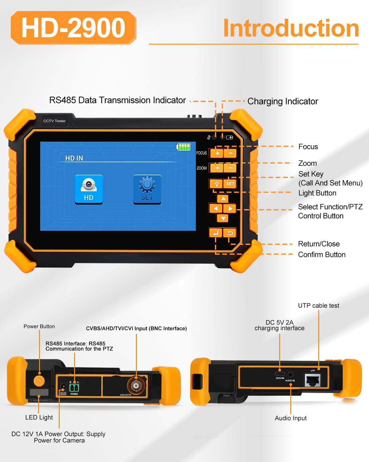 [New] WSDCAM 4-in-1 HD CCTV Tester Monitor Auto HD Coaxial Camera Tester, 4K 8MP CVI/TVI/AHD/CVBS Analog Camera/UTP Cable Test, 4.3in TFT-LCD Screen PTZ Control RS485 Call OSD Menu DC12V Power Output