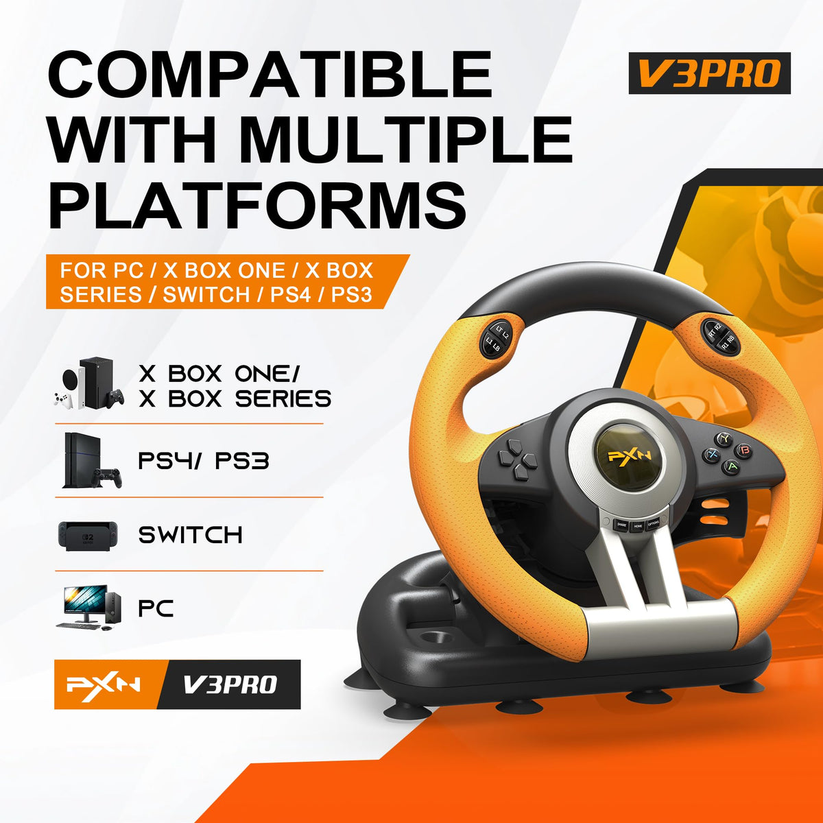 PXN V3 Pro Gaming Steering Wheel with Pedals Dual Motor Vibration Feedback, Beginner Sim Racing Wheel for PC, PS4, Xbox Series S, Xbox Series X, Xbox One and Switch