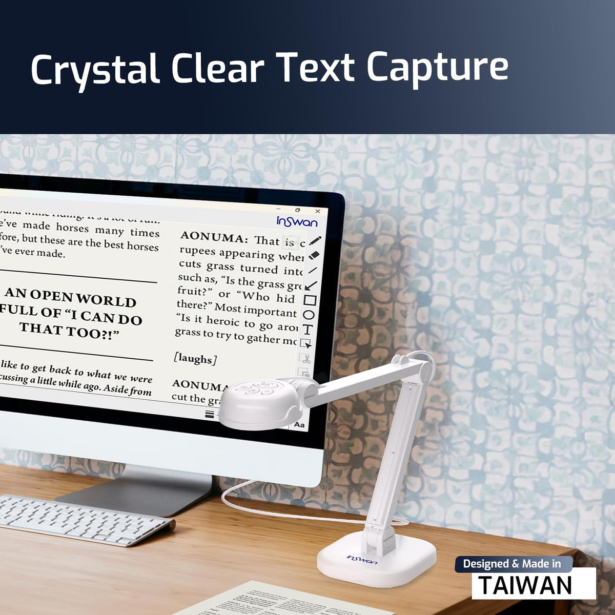 INSWAN INS-1 Classic USB Document Camera/Webcam, 8MP, Built-in LED, Mic Auto Focus, Plug & Play, Compatible with Windows / Mac / Chromebook for Distance Learning, Live Demo, Online Teaching, White