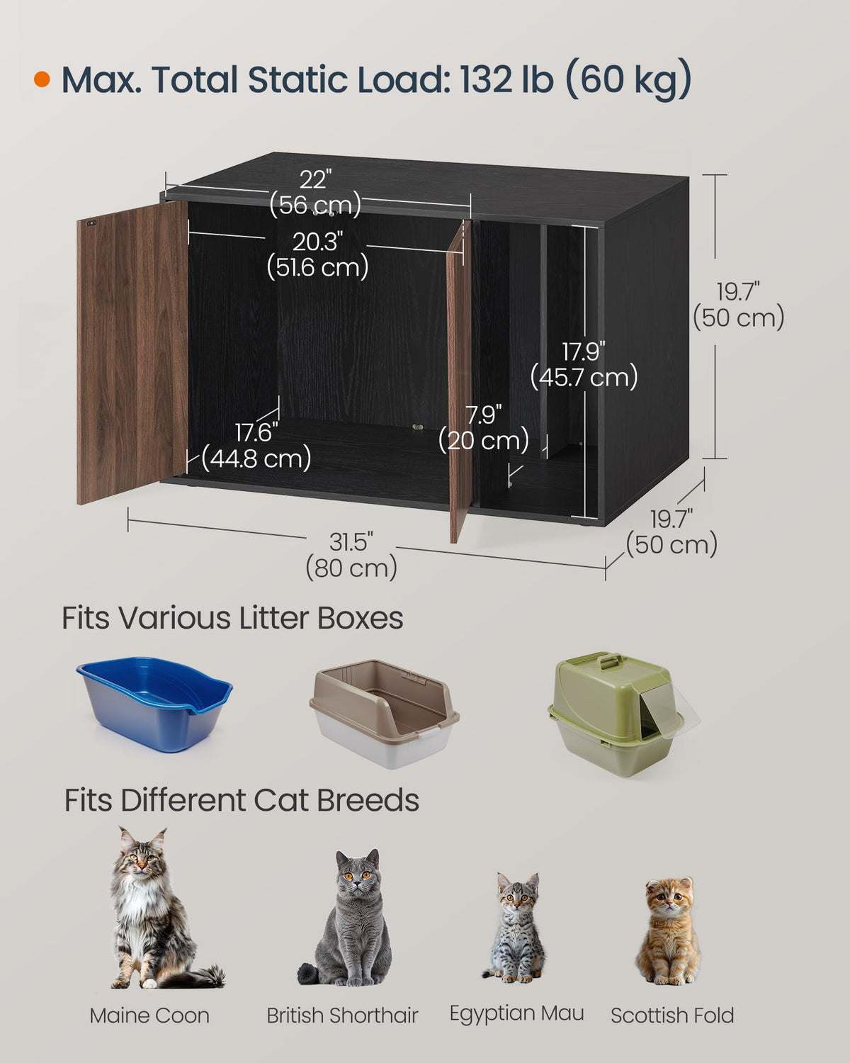 SONGMICS HOME Cat Litter Box Enclosure, Snapsemble Superfast Assembly Litter Box Furniture for Large Cats, Display Side Table, Push-to-Open Doors, Ebony Black and Somber Walnut UPCL013BE01S