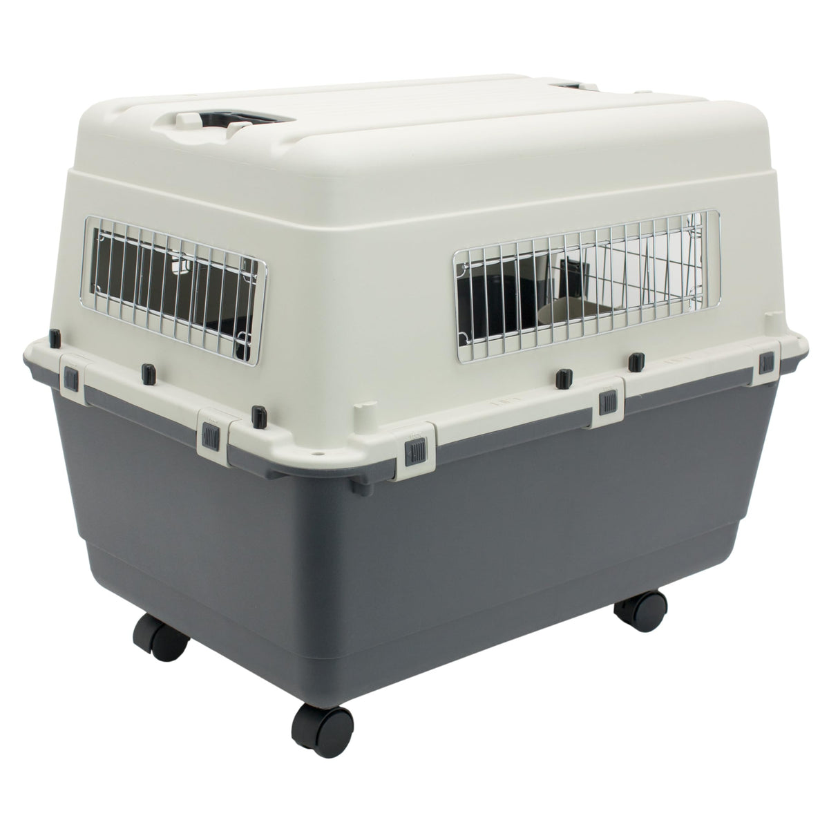 SportPet Airline Compliant LARGE 31.5" Travel Dog Kennel-Durable Plastic Airline Pet Carrier w/ Removable Wheels & Food Bowls, Collapsible Indoor/Outdoor Dog Kennel, Dogs up to 28"L & 20"H-Cream/Gray