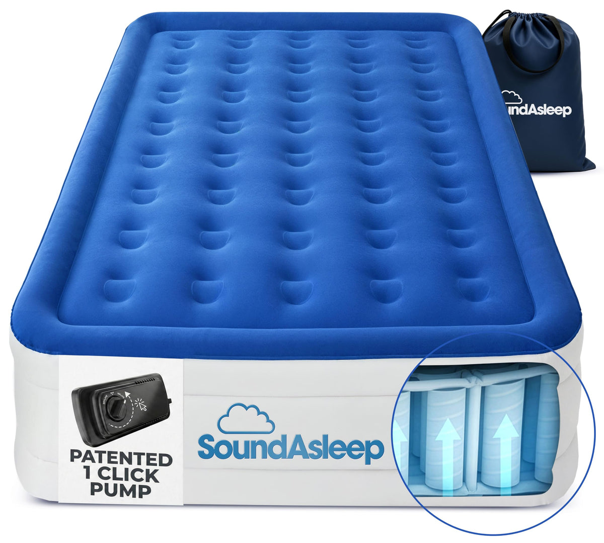 SoundAsleep Dream Series Raised Queen Air Mattress, Built-in Pump, Blue ComfortCoil Technology, fast 1-click inflation, waterproof flocked top and SureGrip bottom create a stable guest bed for two