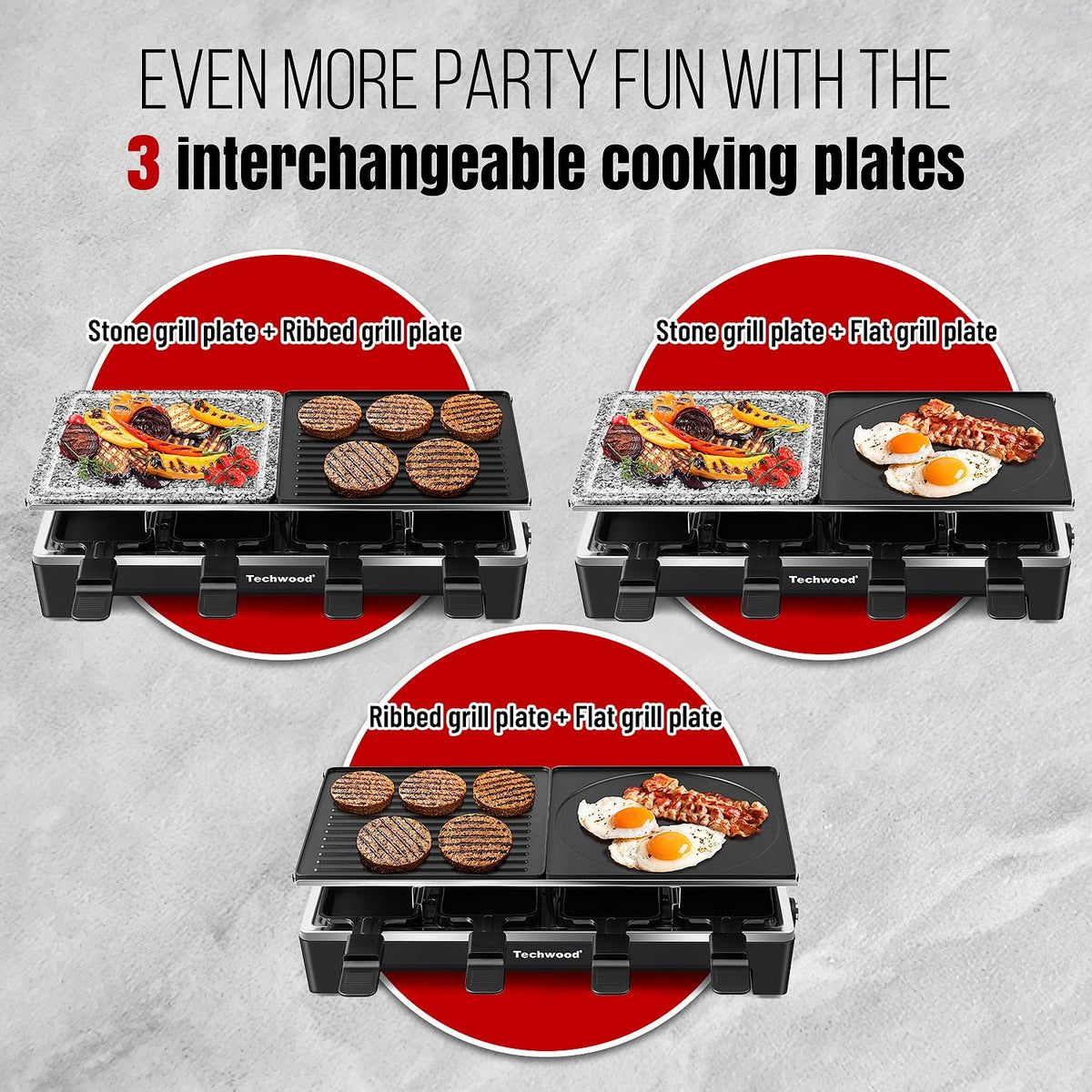 Raclette Grill, Techwood Electric Indoor Grill with 2 Reversible Non-stick Grill Griddle Plates, 1 Stone Grill Plate, 1500W Fast Heating with 8 Cheese Pans, Ideal for Parties and Family Fun, Black