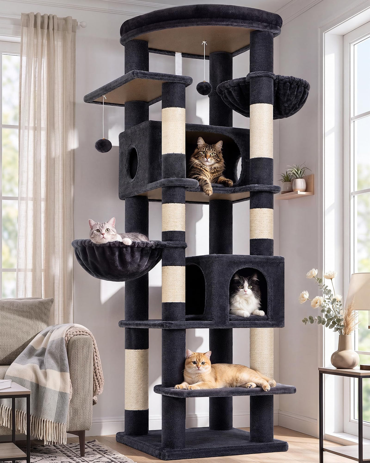 Globlazer 74in Heavy Duty Cat Tree Tower for Indoor Cats Large Adult, S74 Sturdy Cat Tower with 7 Scratching Posts, 2 Widened Padded Condos for Big Cats, Dual-Ear Baskets, Enlarged Perch