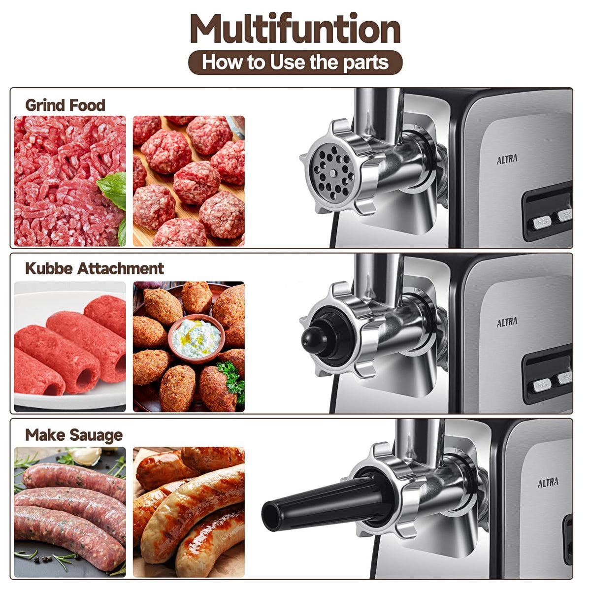 ALTRA LIFE Electric Meat Grinder, 2800W Max Heavy Duty Sausage Stuffer with Rotary Cheese Grater Set, 2 Blades, 3 Plates, Sausage Tube, Kibbe, Burger Press & Meat Claw for Home, Built-in Storage