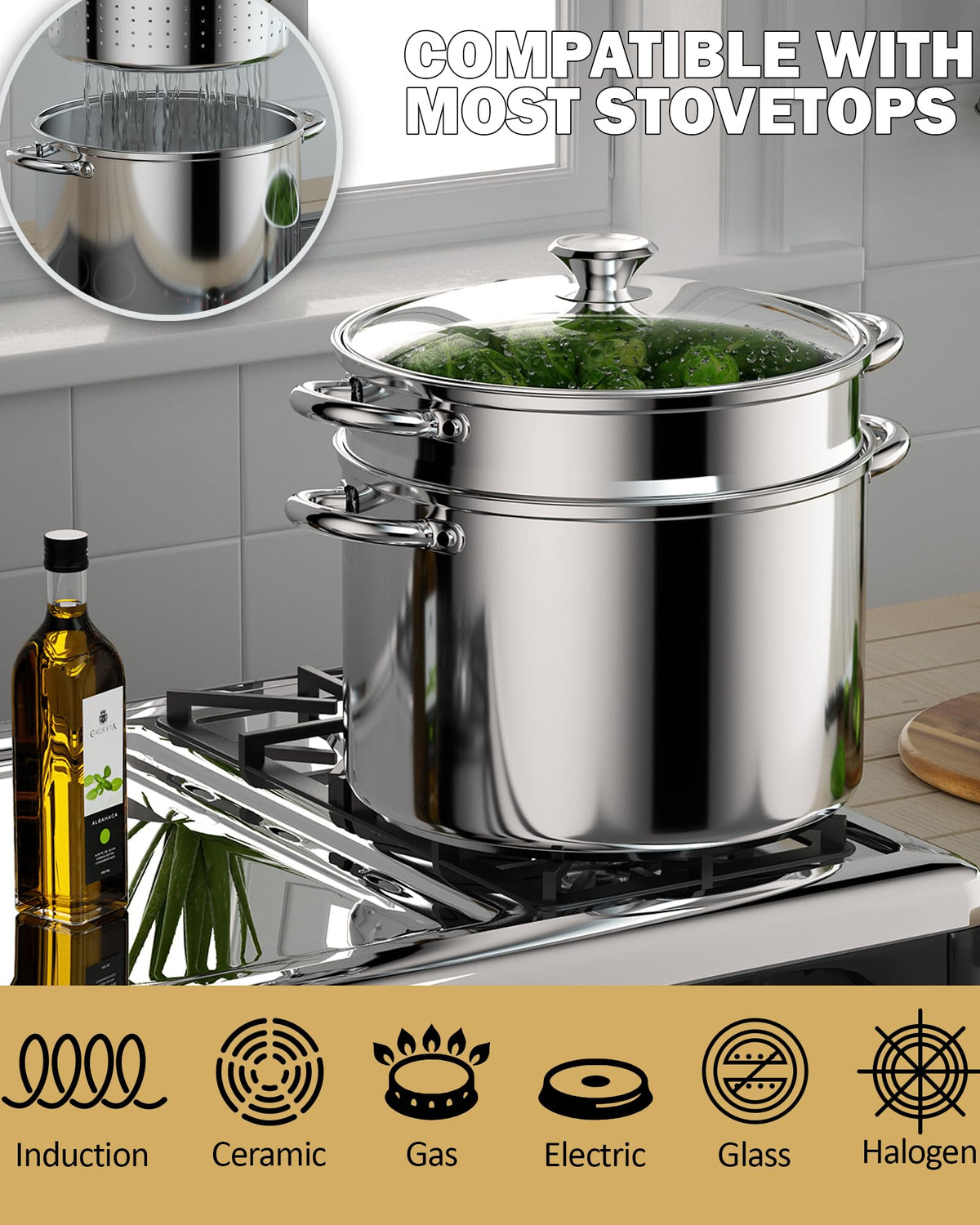 Cook N Home 8 Quart Stainless Steel Pasta Pot with Strainer Lid 3-in-1 Pots Steamer Basket, Pasta Strainer, Stock Pot with Lid - Pasta Cooker Induction Compatible, Dishwasher & Oven Safe