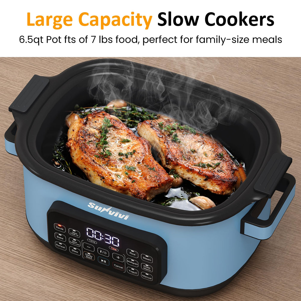 Sunvivi 12-in-1 Programmable Slow Cooker 6.5QT with Timer & Keep Warm Multicooker with Timer & Temp Control, Dishwasher Safe Lid & Removable Nonstick Crock, Stainless Steel Rack, Blue