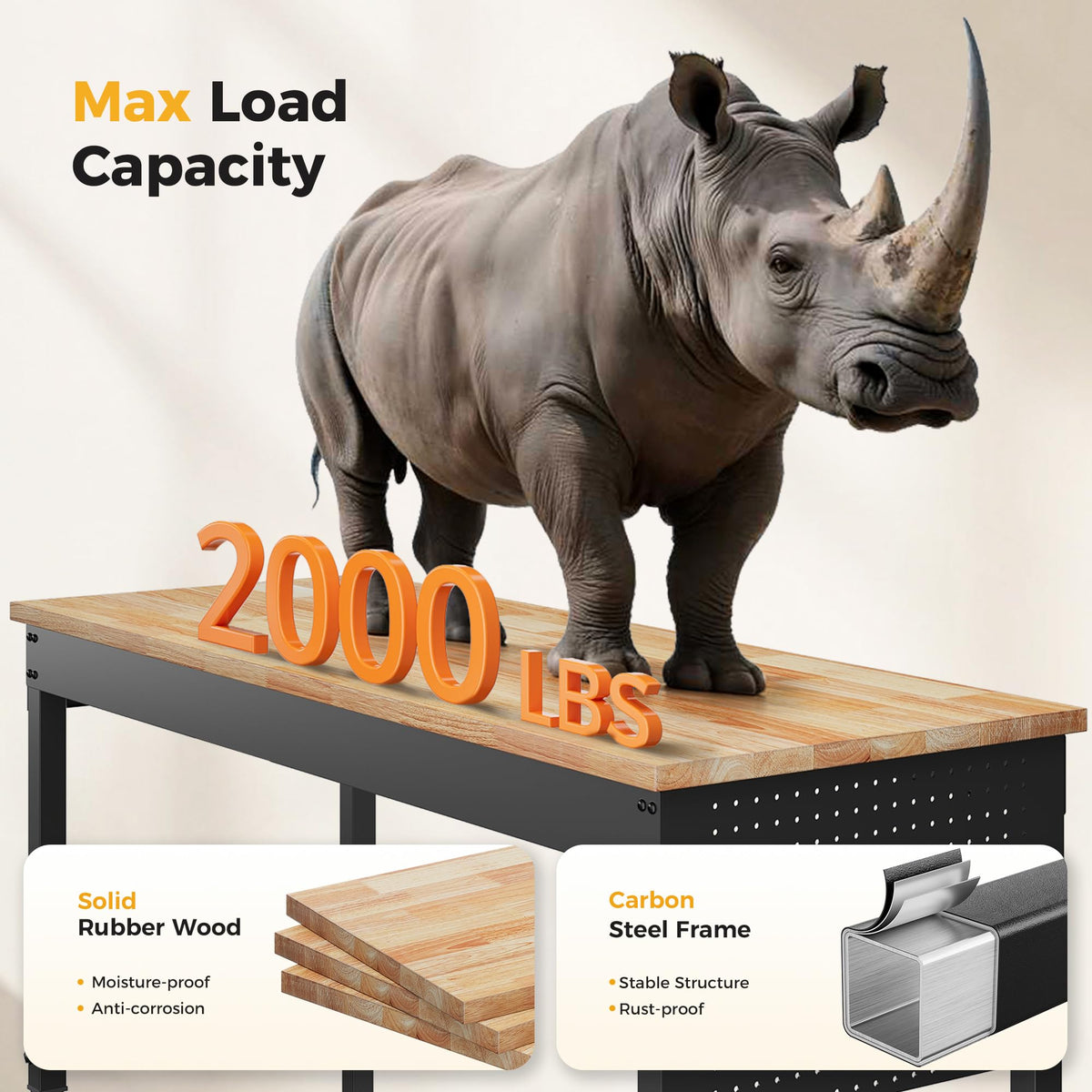 CAMMOO 60" Adjustable Workbench, 2000LBS Max Load, Pegboard & Power Strip Rubberwood Tabletop, for Garage, Workshop, Home