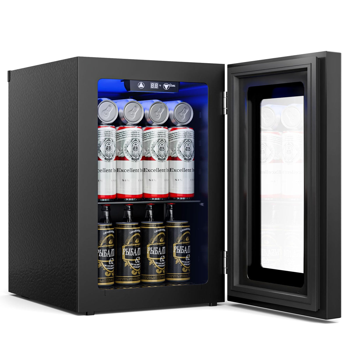 18L Beverage Refrigerator Cooler, 24-Can Mini Fridge with Glass Door LED Light, 40–61°F Digital Temperature Control, Freestanding Drink Fridge for Soda, Beer, Bedroom, Office & Home Bar